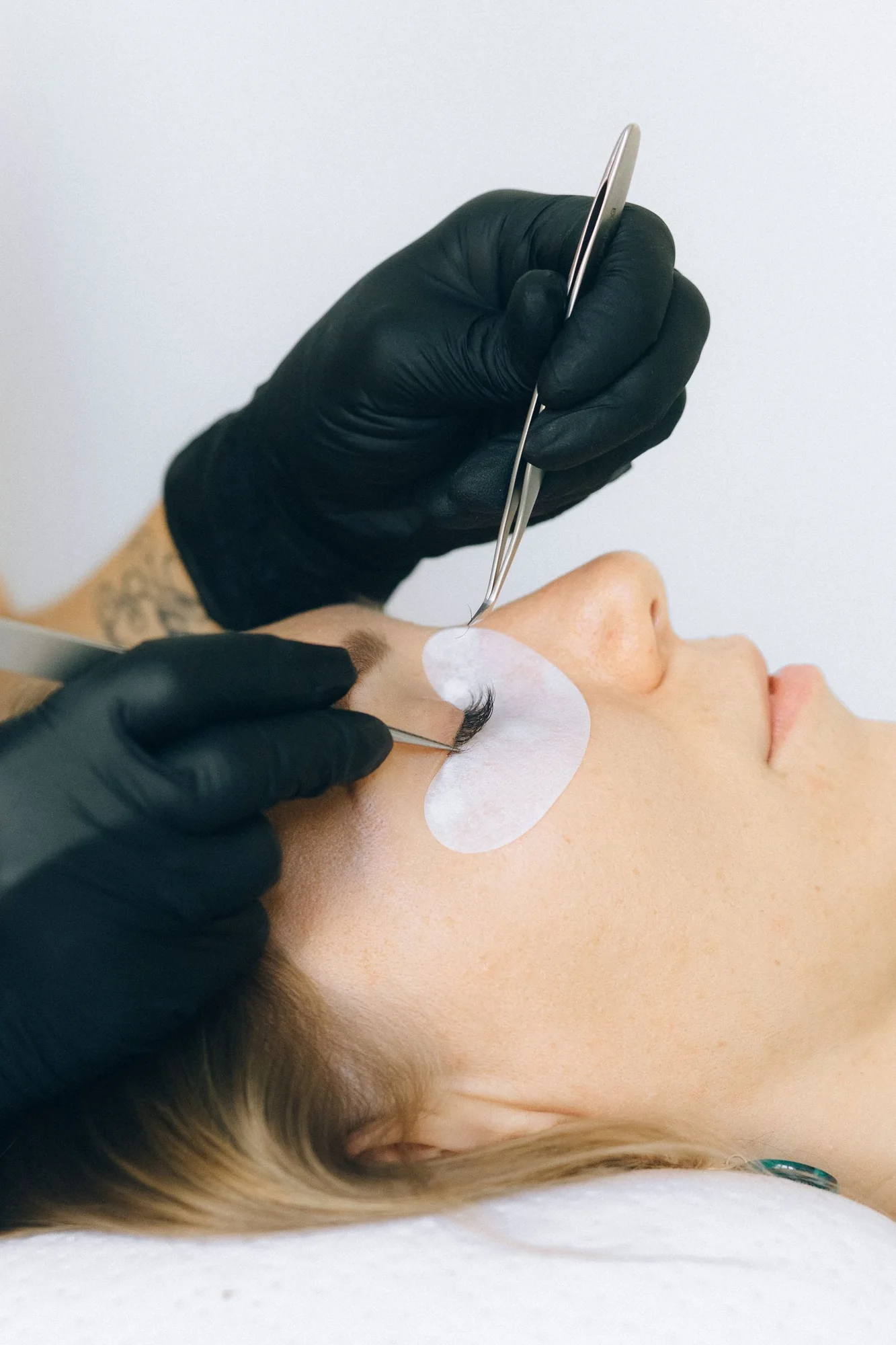 Close-up of an eyelash treatment in progress
