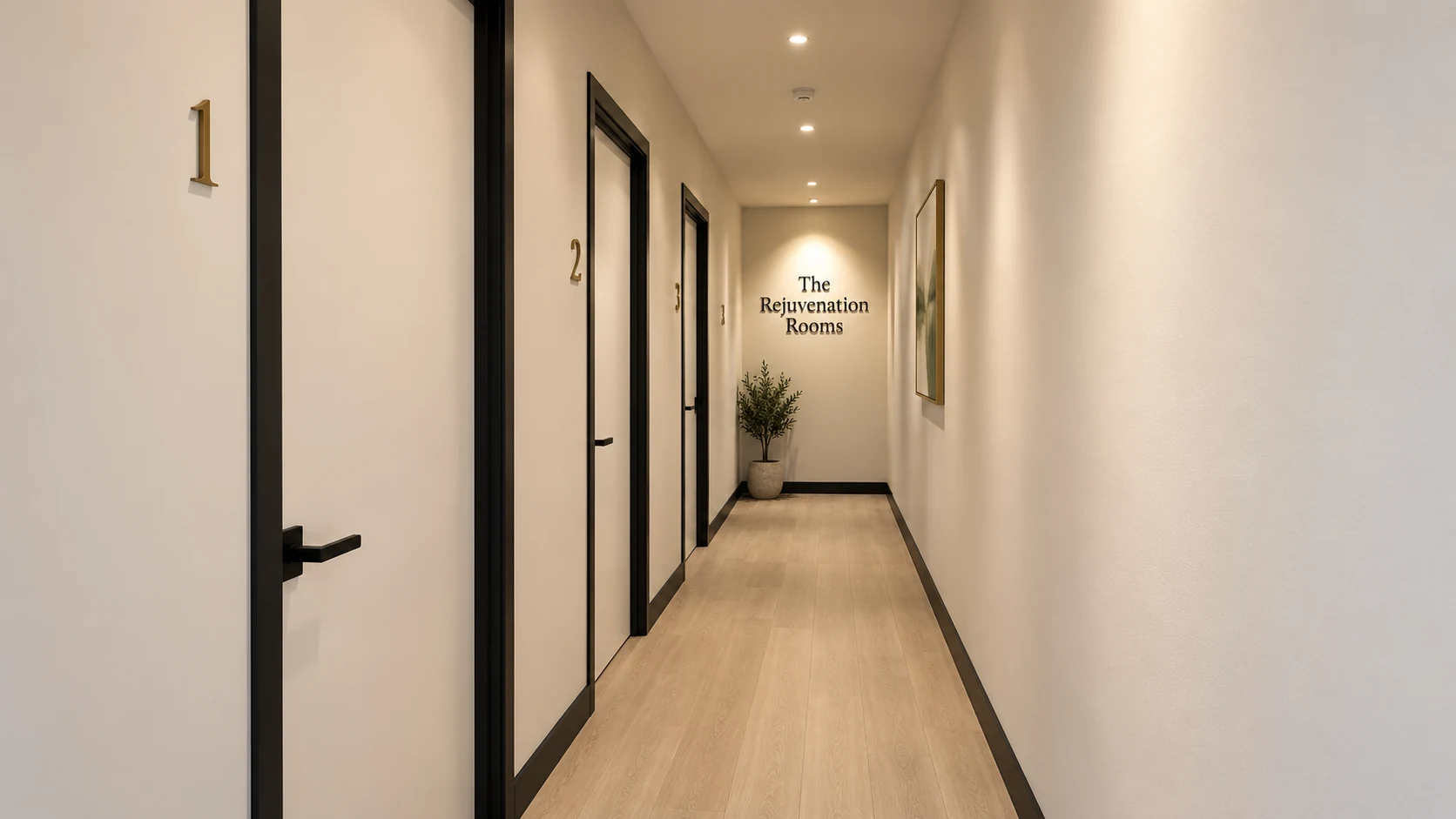 Visualisation of the shared hallway leading to the three therapy rooms