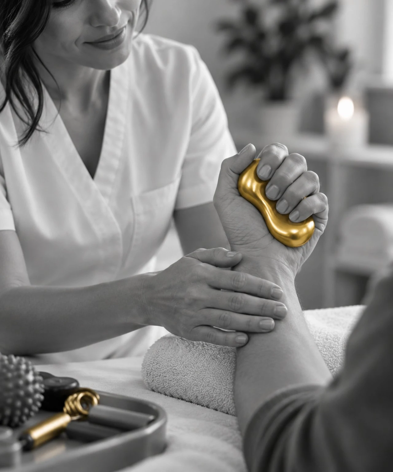 An occupational therapy hand exercise using a grip tool